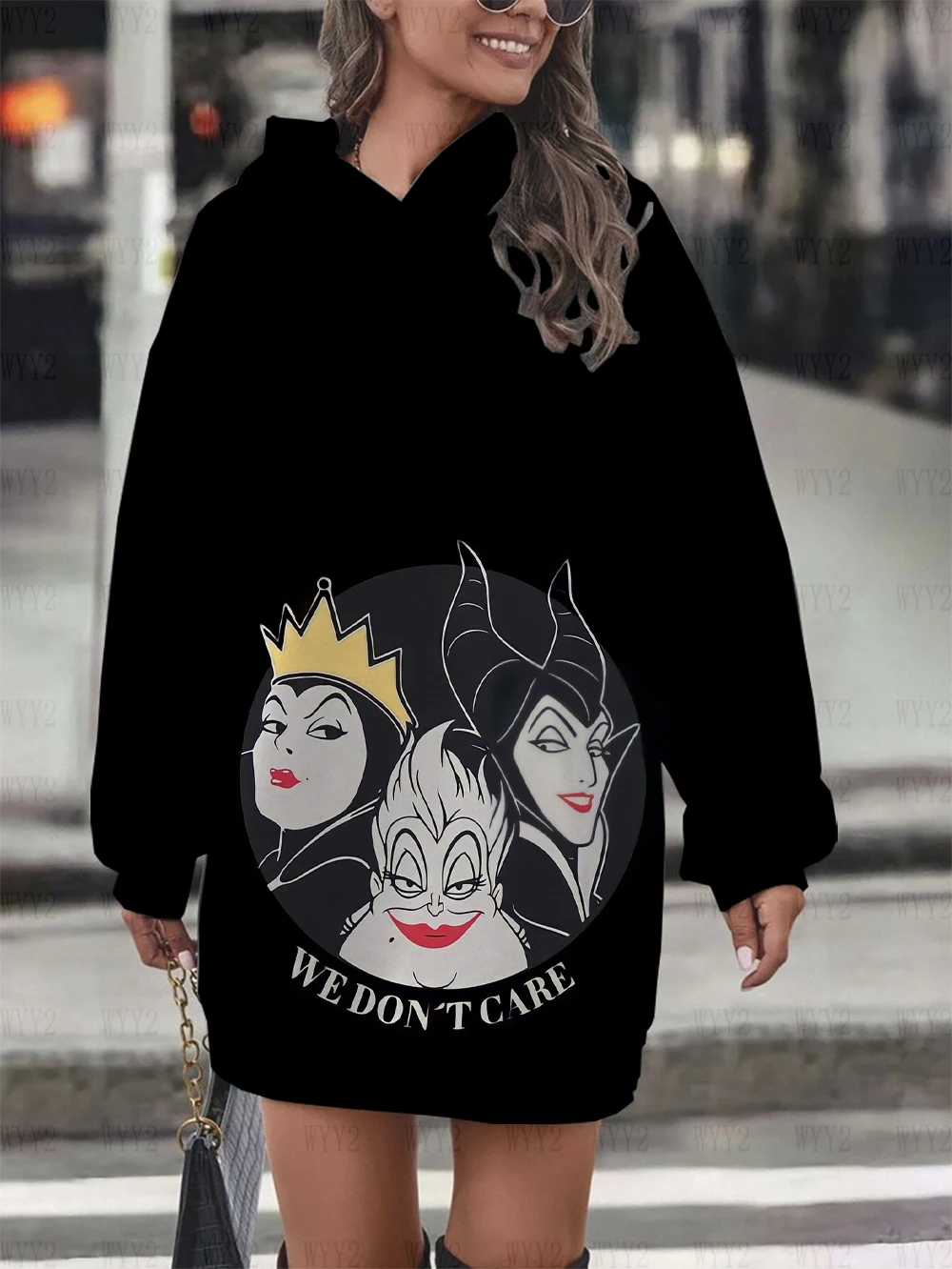 Ladies Hoodie Sweatshirt Dress Casual Cartoon Street Style Printed Round Neck Sweatshirt Dress Disney Sleeping Devil Pattern