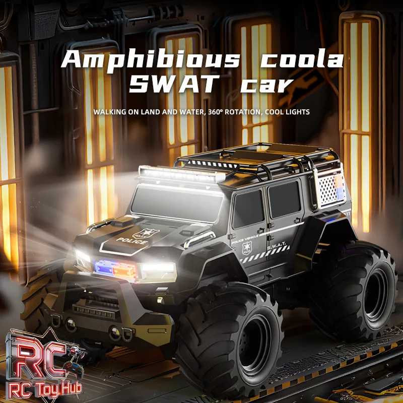 Remote Control Amphibious Police Monster Truck 4WD Off Road Stunt Vehicle ABS Fall Resistant Land Water Toy For Children