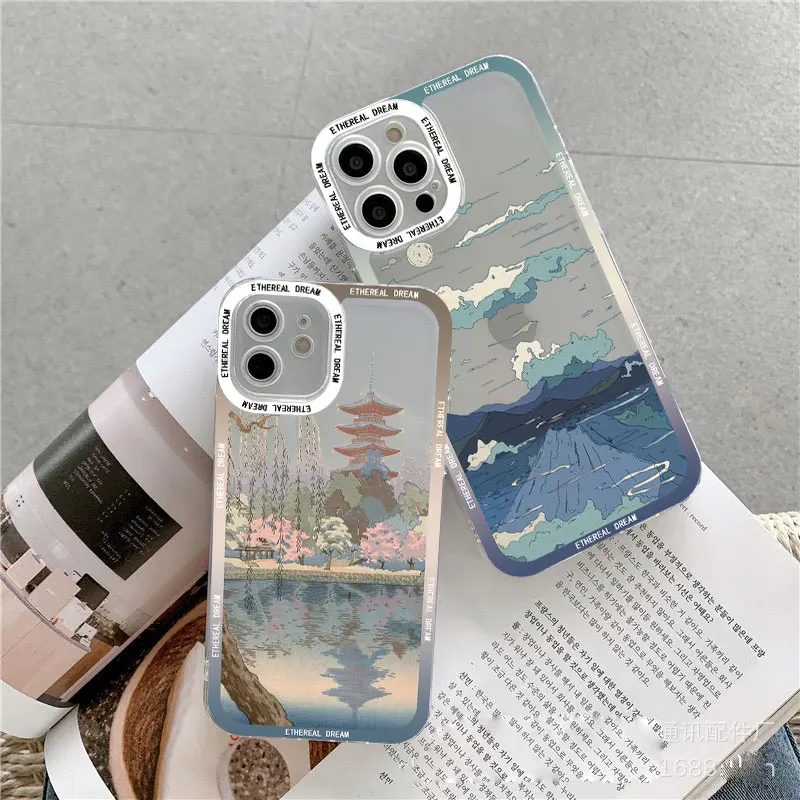 Japanese Anime Scene Landscape Phone Case for iPhone 11 12 13 14 15 Pro Max 8 7Plus SE2 XR XS Cartoon Scenery Transparent Covers