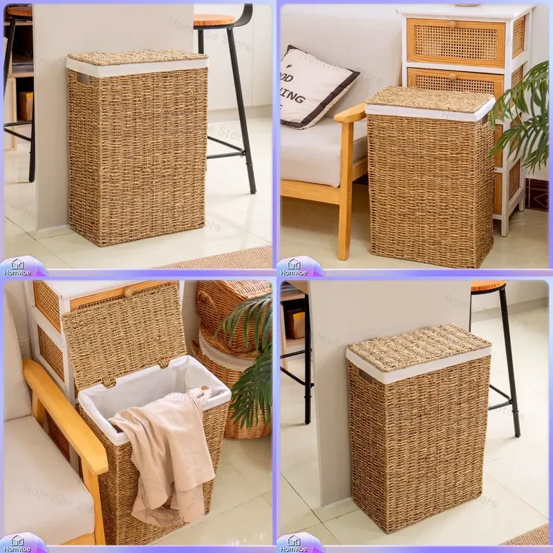 Foldable Paper Rope Woven Laundry Basket Large Capacity Clothes Storage Bin Hand Woven Dirt Hamper for Amazon Lid Design