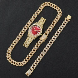 3PCs/Set Fashion Men's Watch Luxury Diamond studded Hip Hop Steel Belt Quartz Watch with Necklace Bracelet Set