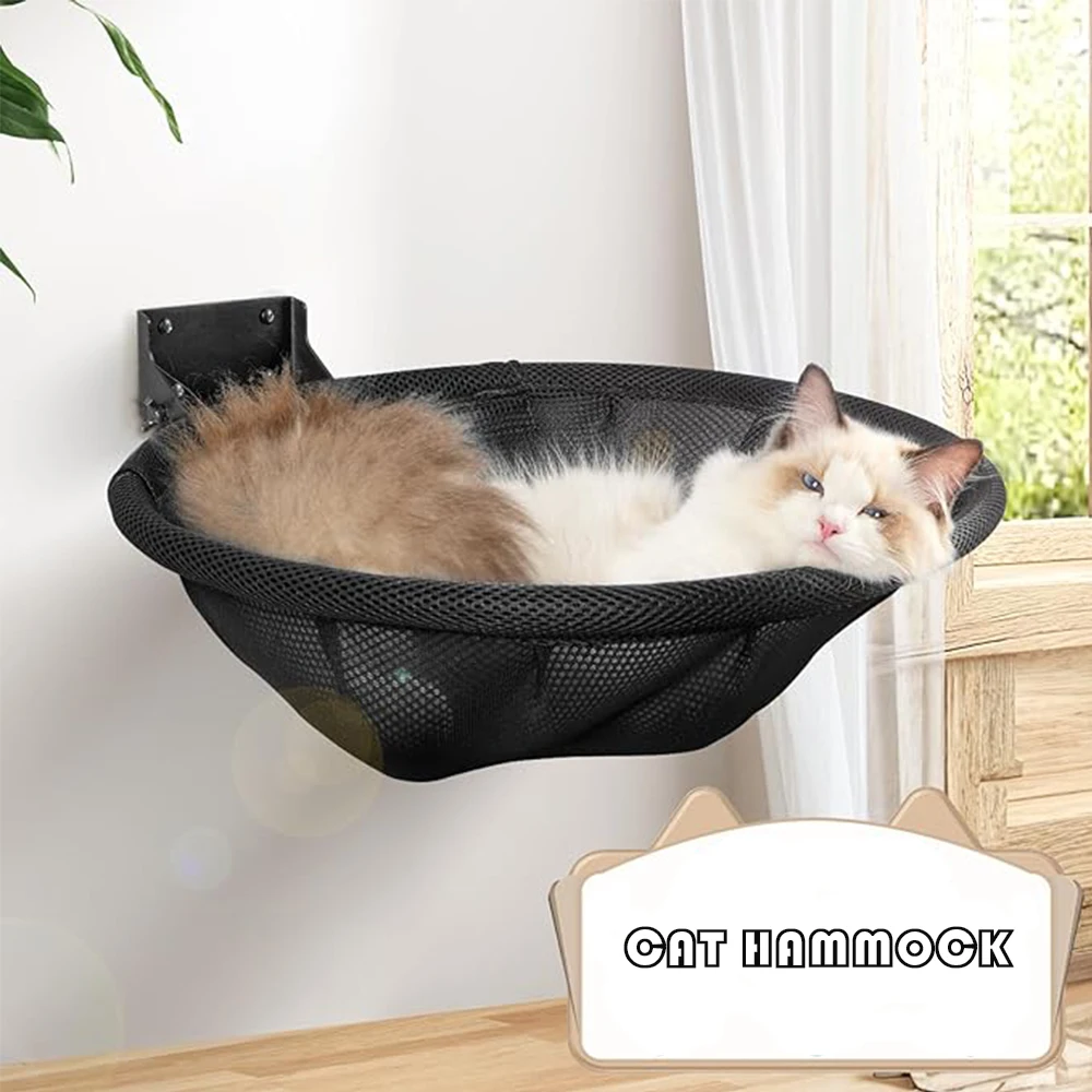 Wall Type Round Cat Hammock Black Mesh Is Breathable And Comfortable White Plush Soft And Durable Kittens Rest And Save Space