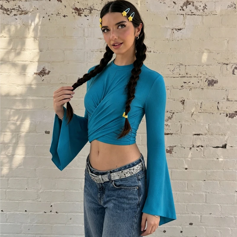 TARUXY Sexy Twist Knot Crop Top Women Round Neck Flare Long Sleeve T-Shirt Slim Ruched Solid Treetwear Y2K Party Club Top 2026