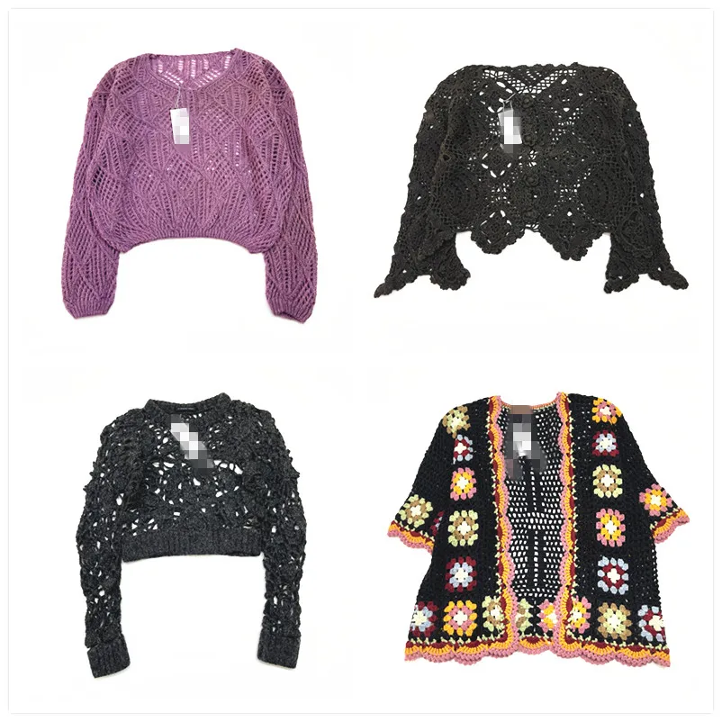 

Handmade Embroidered Double Layer Hollow out Pure Color Luxury Floral Mixed Knit Sweater Vintage Sle Commute Faion Autumn...