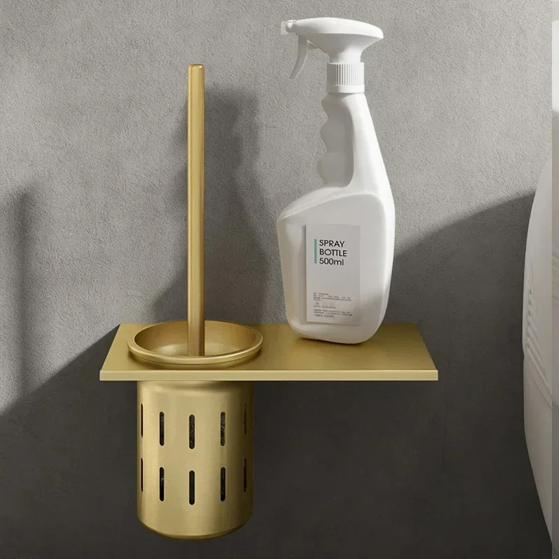 Toilet Toilet Brush Set with No Punching, Bathroom Wall Mounted Space Aluminum Brushed Gold Toilet Brush Holder Cleaning Brush