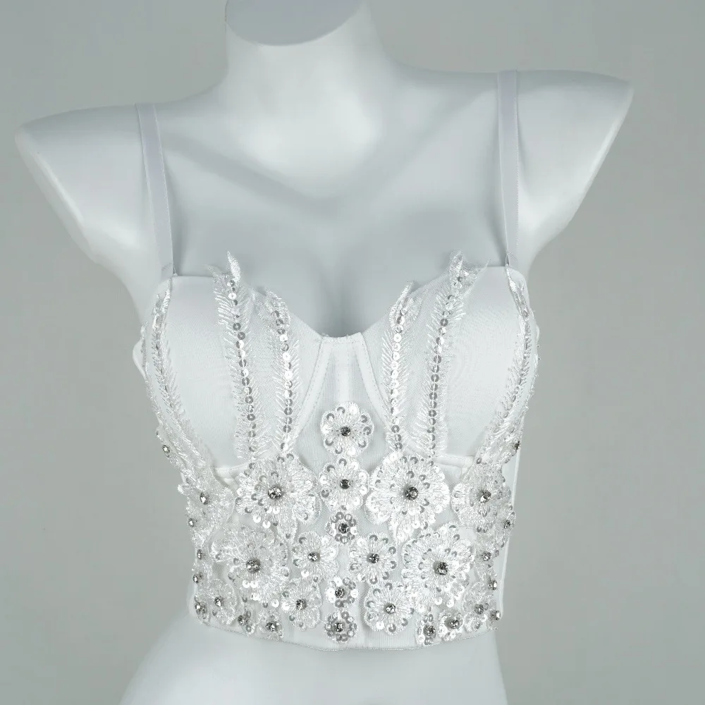 

Fashion Electronic Music Festival Nightclub Sexy Sequined White Flowers Sling Basic Outer Wear Fishbone Corset Top and Tight