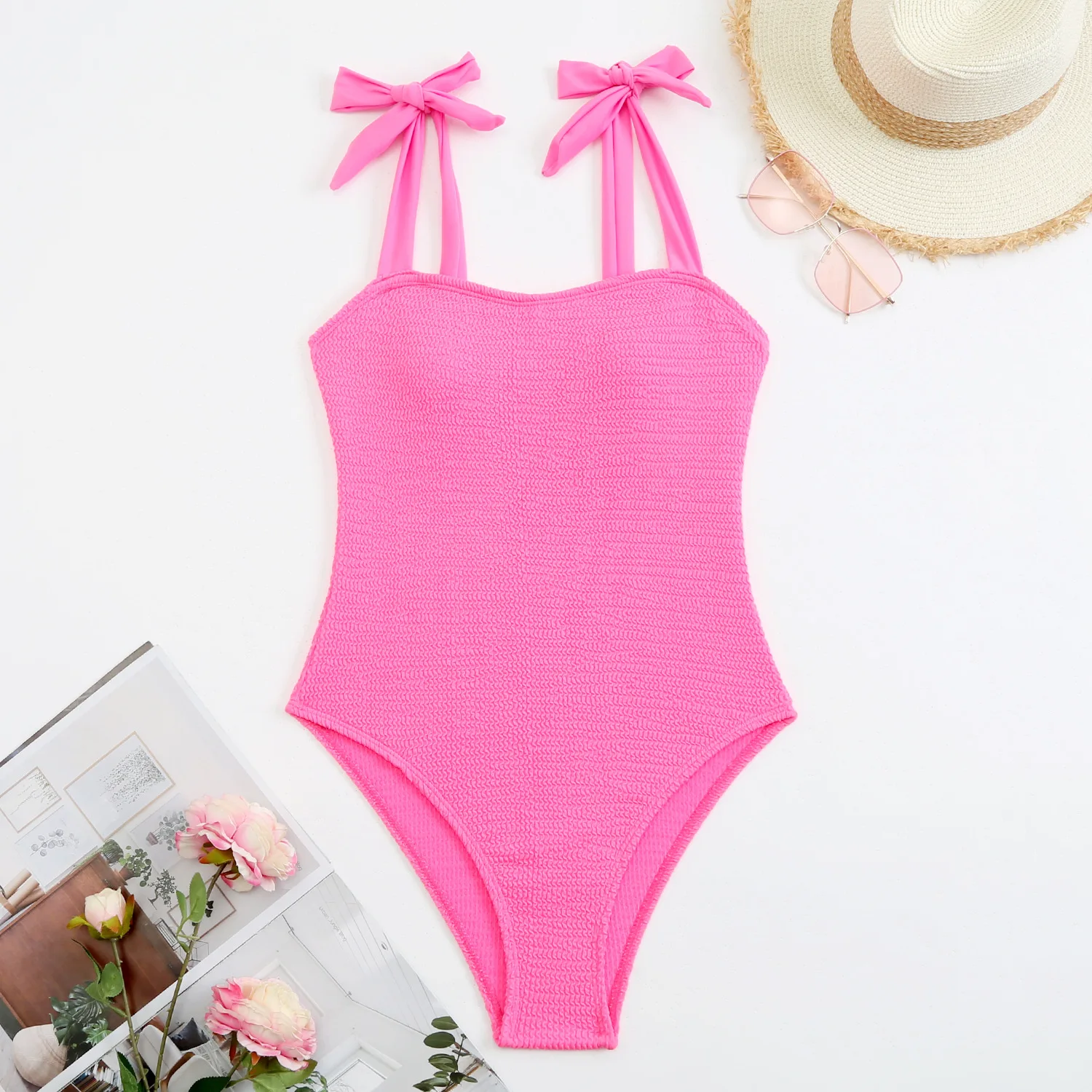 2025 Pink One Piece Swimsuit Women Swimwear Sexy Padded Bowtie Swimming Suit Brazilian Monokini Bodysuit Beach Wear Bathing Suit