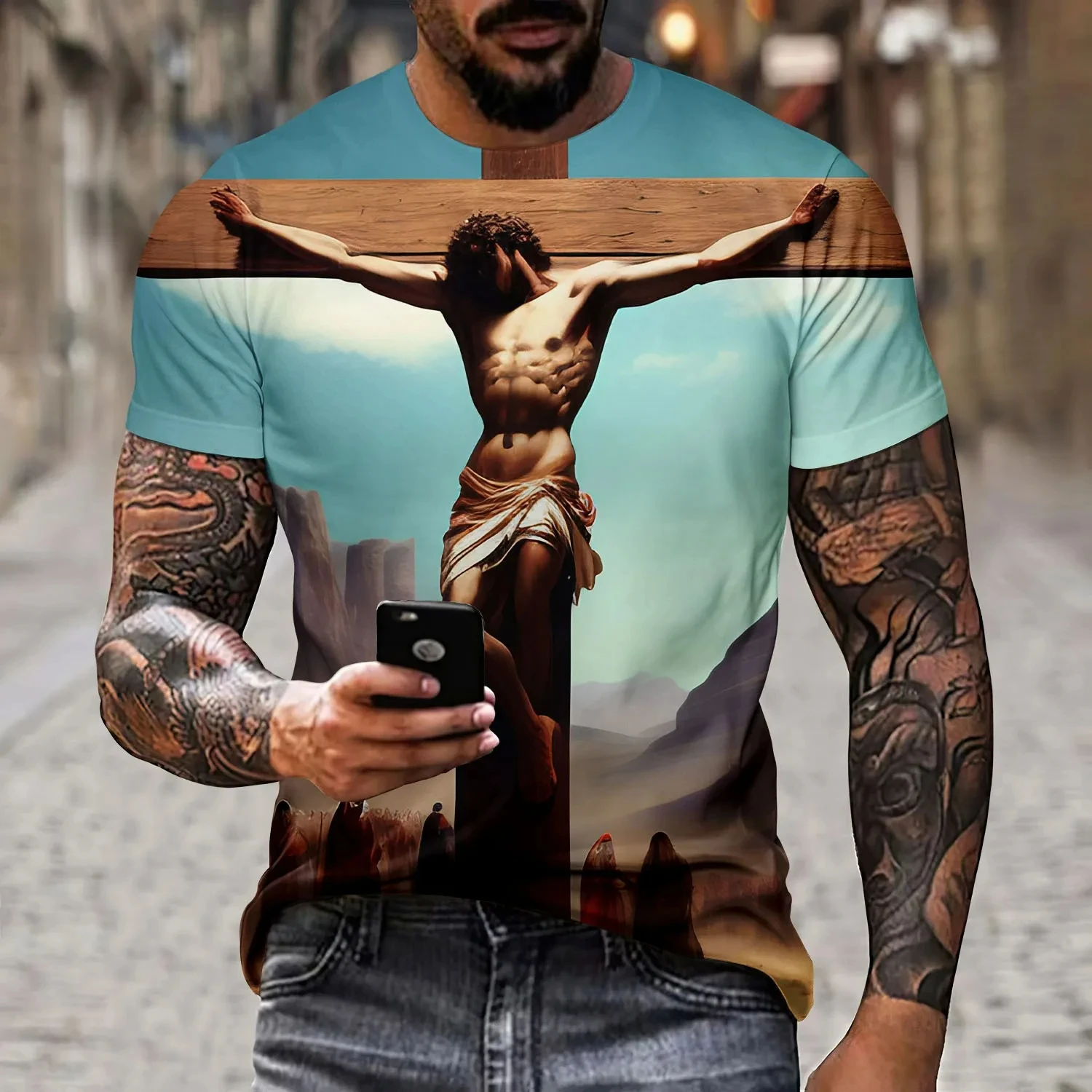 Men\'s 3D Cross Print T-Shirt, Oversized Comfortable Innovative Short Sleeve Streetwear Jesus Christian Fiction