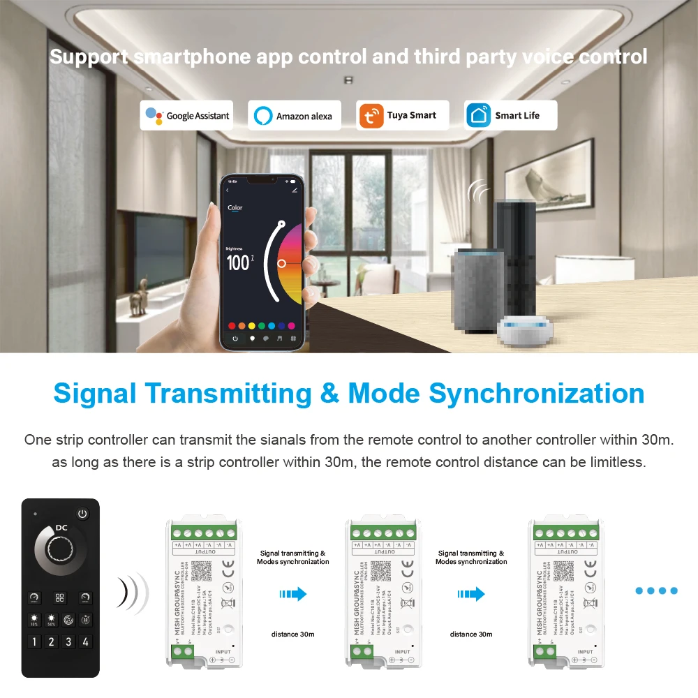 4 Zone MESH Remote Group&Sync Wireless Smart Bluetooth Controller App Voice DC12/24V Wireless/Wired Color Change LED Light Strip