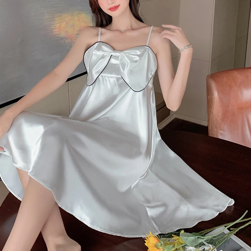 

Ice Silk Nightgown Female Summer Sexy Sling Solid Colour Backless Nightgown Bow Princess Wind Sweet Loose Sling Dresses Women