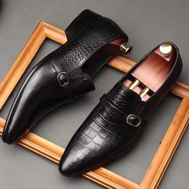 

Men Leather Shoes British Style Buckle Strap Loafers Genuine Leather Pointed Toe Dress Shoes Slip-on Business Formal Shoes
