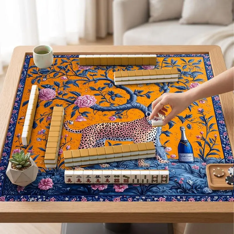 VIKAMA Orange Tree Floral Cheetah Mahjong Mat Non Slip Shock Absorb Soft Square Pad Washable Luxury Table Game Mat