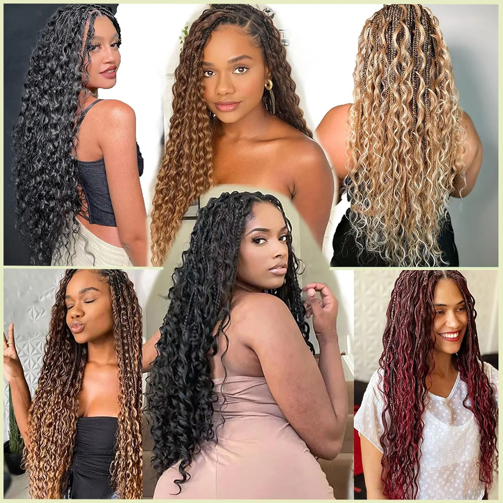 1/7 عبوات من ضفائر صندوق الآلهة 10-24 بوصة ضفائر صندوق بوهو مسبقة الحلقات مع أطراف مجعدة 3X ضفائر شعر كروشيه جدائل شعر صناعية #6