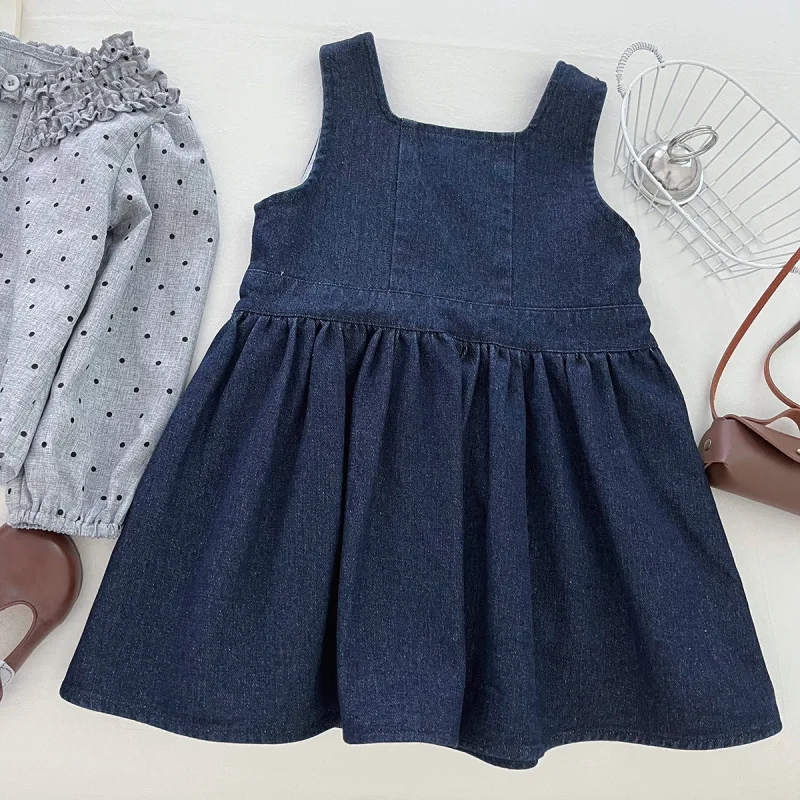 

Children's Autumn Outfit New Fashionable Girl Polka Dot Long Sleeve Shirt Denim Vest Dress Two-Piece Set