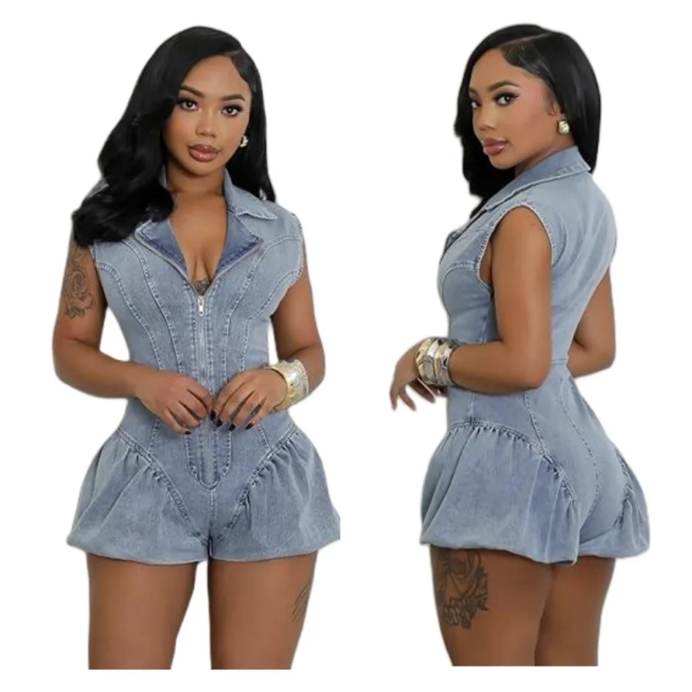 Women Rompers Summer Casual Sleeveless High Waist Stretch Denim Short Jumpsuit Streetwear Lady Bodycon Straight Jeans Rompers
