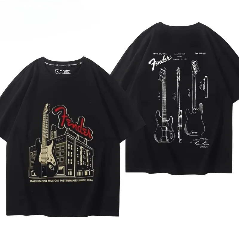 Camiseta de Algodón con Estampado Gráfico Clásico de Guitarra y Bajo Fenda, Estilo Harajuku, para Hombre y Mujer, Talla Grande, Nueva Colección de Verano