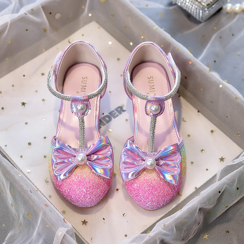 2026 Summer Rainbow Girls' High Heels Soft Sole Kids' Princess Leather Shoes Fashion Student Stage Performance Party Footwear