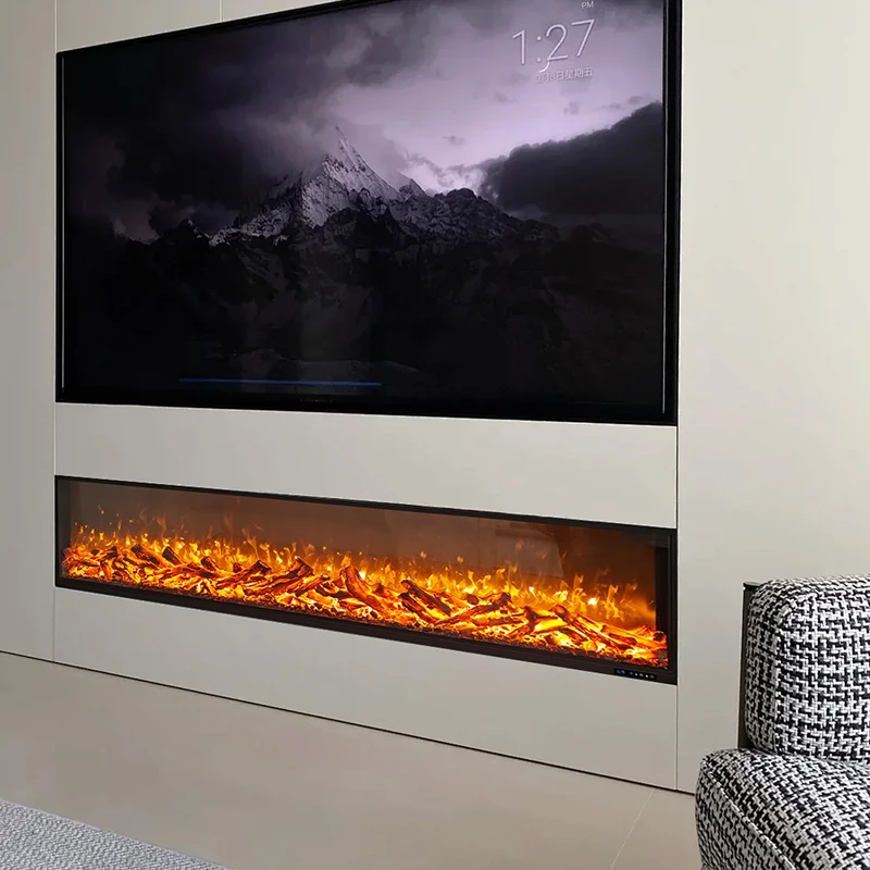 Airo Freestanding Linear Electric Fireplace 750W Adjustable Flame Brightness  Crystal Log Bed Modern Black Frame