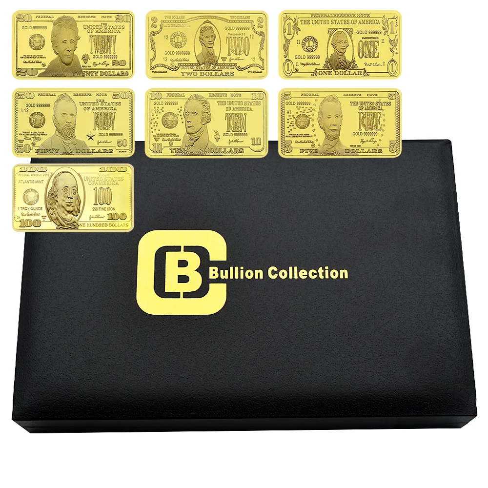 7pcs/box US1 2 5 10 20 50 100 Dollars Gold Bar Commemorative Medal Bullions Collection Gift