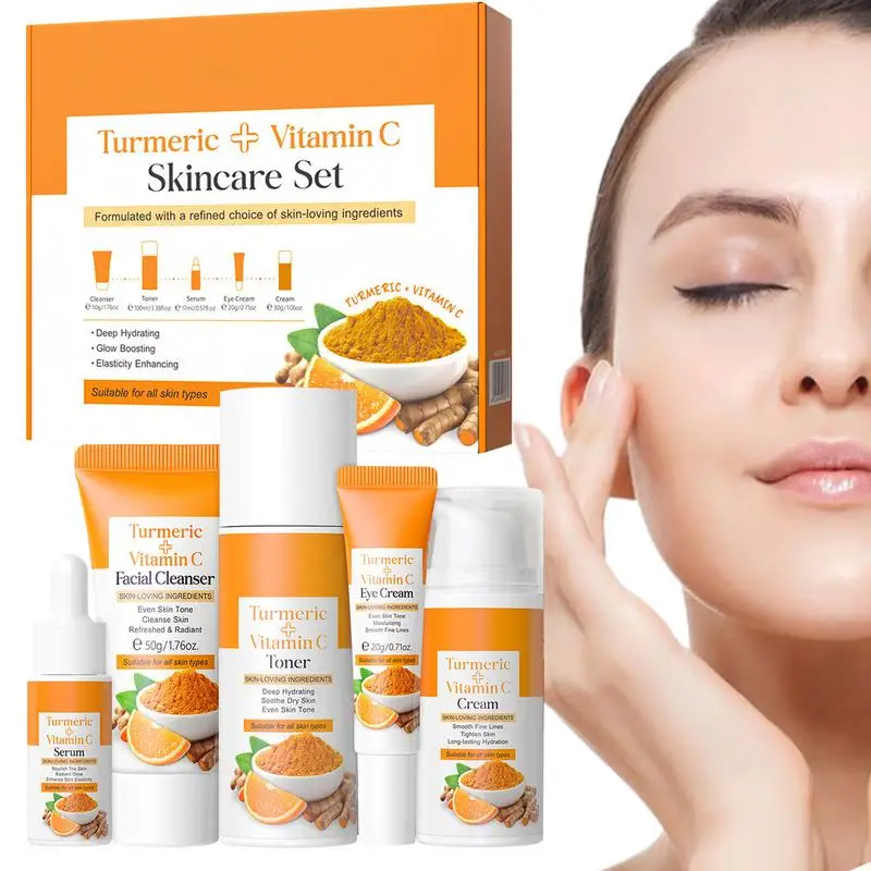 

5pcs Turmeric Cream Turmeric Face Cleanser Turmeric Shrink Pores Moisturizing Toner Eye Cream Deep Hydration Moisturizer