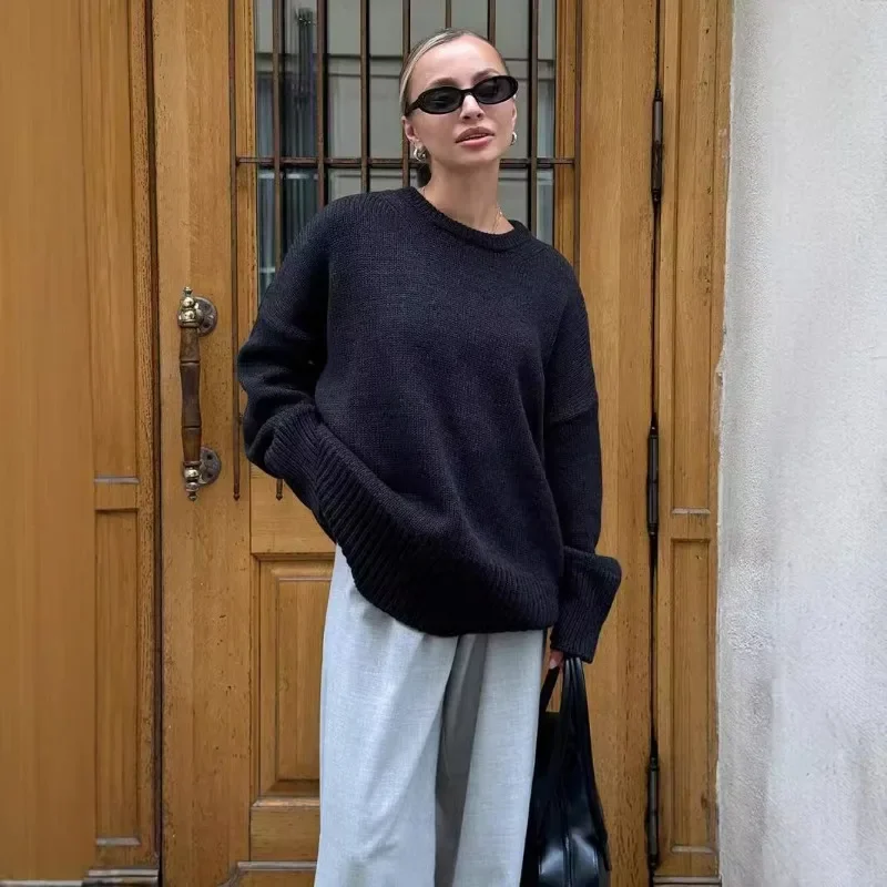 Fall Knitted Sweater Women's Solid Casual Loose O-Neck Pullover Streetwear Versatile Top Long Sleeve Knitted Sweater