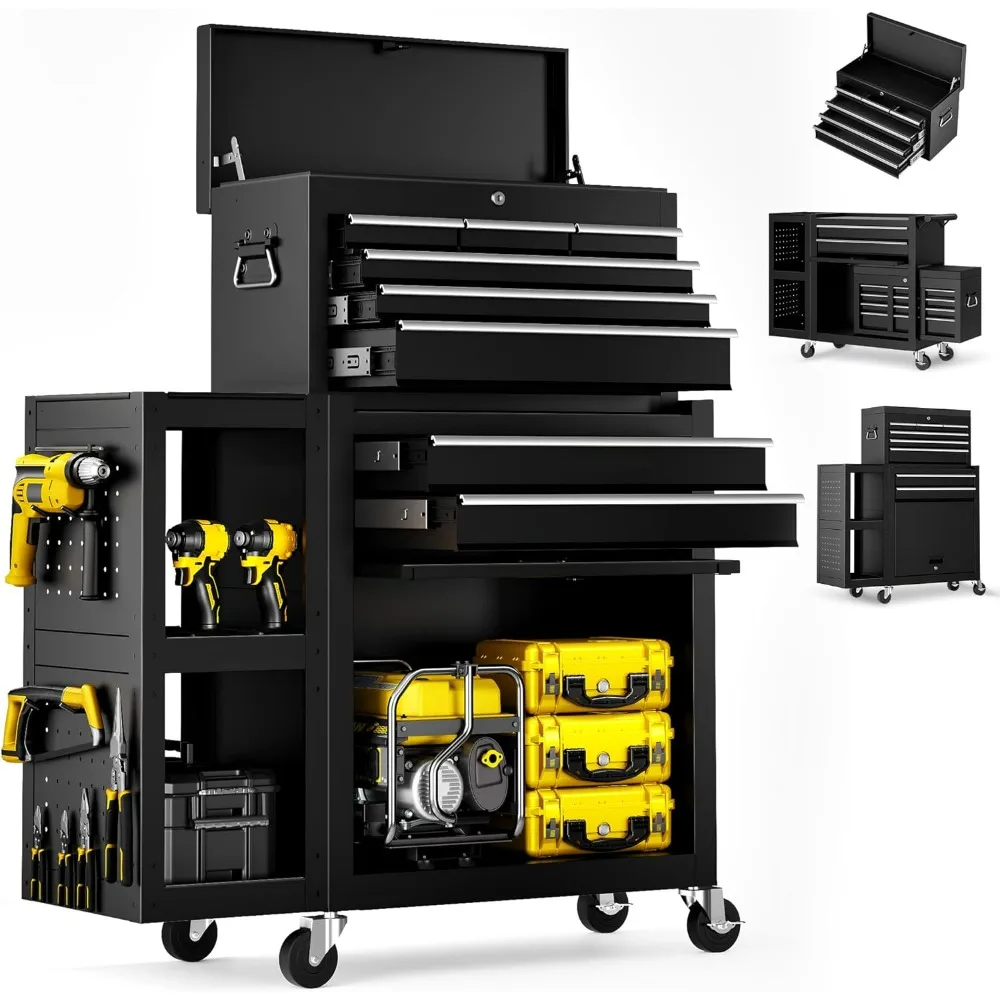 8-Drawer Rolling Tool Chest with Wheels, Exclusive 3-in-1 Tool Box Combo with Removable 2-Tire Utility Cart, Large Storage Cabin