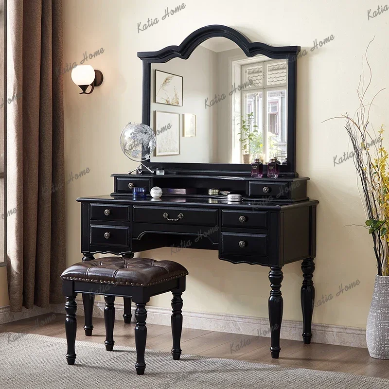 FG Villa Black Wood Vanity Table Bedroom American Big Storage Mirror Dressing Table Makeup Desk Drawers Coiffeuse Furniture