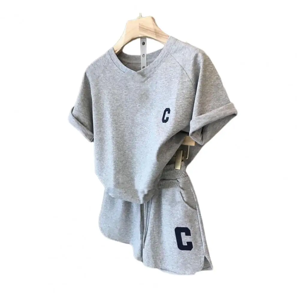 Chic Casual Round Neck Two Piece Set Above Knee Length Lady T-shirt Shorts Set Women Summer Tracksuit Sports