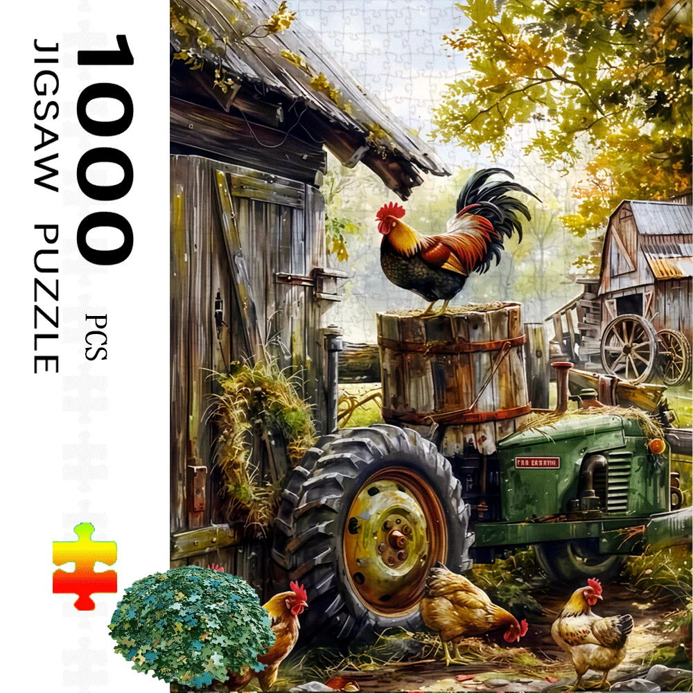1000pcs Jigsaw Puzzle for Adults - Rustic Farm Scene with Rooster, Hens, Tractor & Barn - Vibrant Colors, Challenging Puzzle f