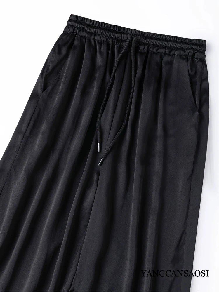 Women's Fashion Clothing Black 100% Natural Mulberry Silk Sand Washed Plain Satin Elastic Waist Strap Versatile Straight Pants