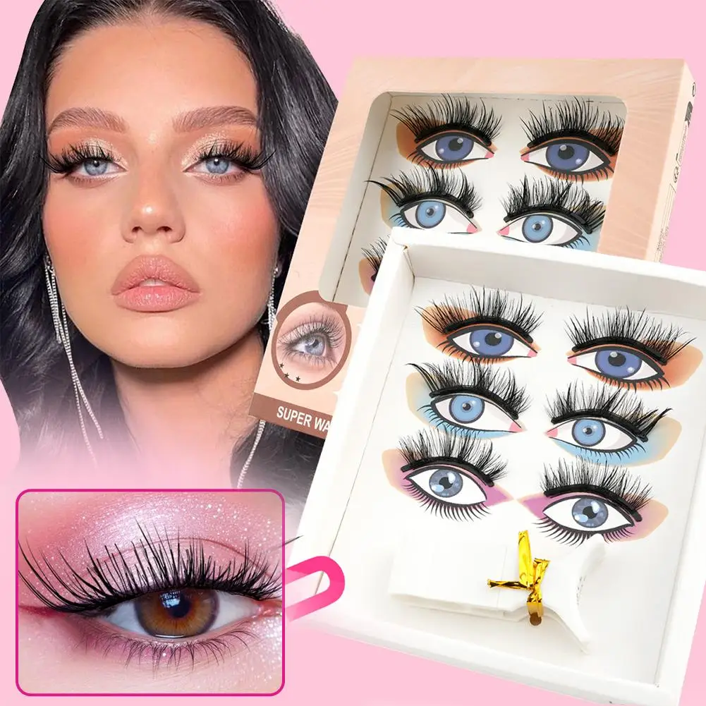 Women New Magnetic Eyelashes 3Pairs Thick Cat False Eye Lashes Makeup Set Reusable Glue-free Flully and Curly