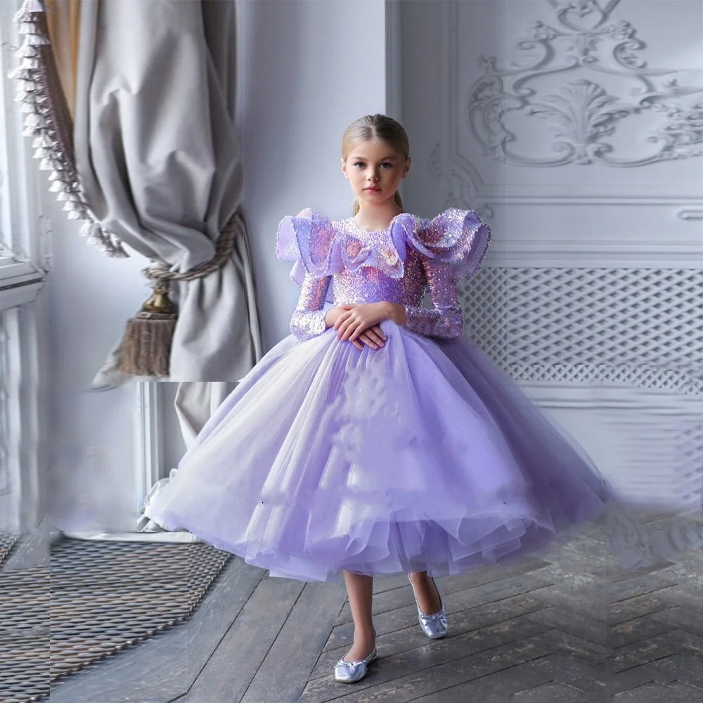 Vestido de niña de flores púrpuras para boda, lentejuelas brillantes, manga larga, tul hinchado, fiesta de cumpleaños para niños, vestidos de baile de primera comunión