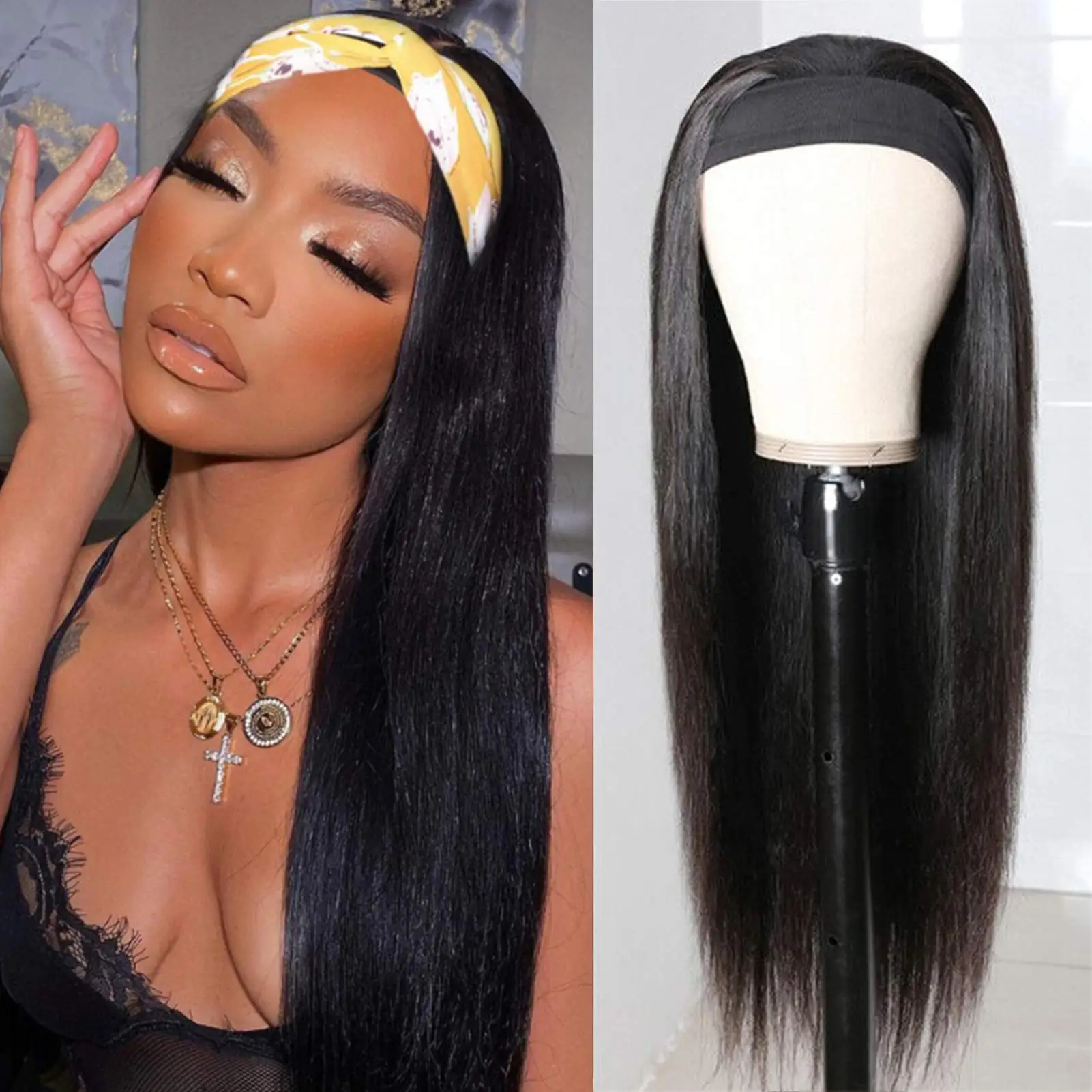36 Inch Headband Wig Straight Human Hair Wig Full Machine Made Ready To Wear Glueless Headband Virgin Hair Wigs for Black Women