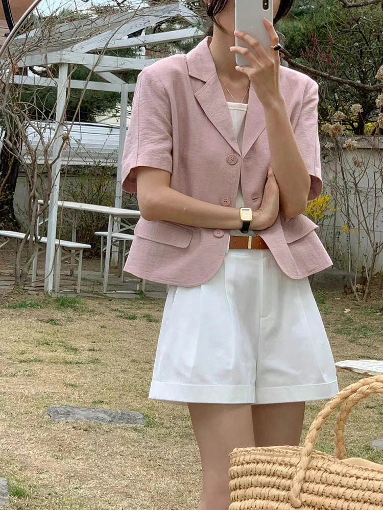 한국 스타일 캐주얼 루즈핏 싱글 버튼 라펠 가벼운 여름 패셔너블 핑크 여성용 코트 자켓