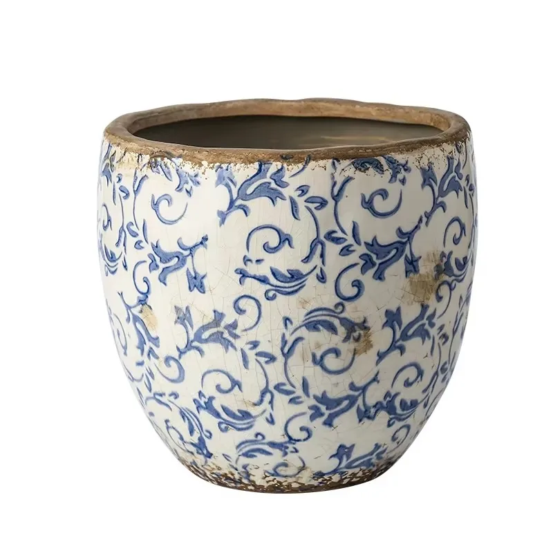 Blue White Porcelain Orchid Flower Pot, Retro Antique Style Hydroculture Planter for Indoor Greenery