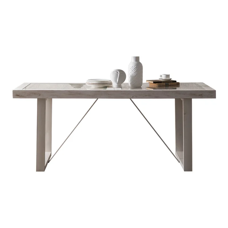 Old white six-person long table in stock old carved hand-painted glass