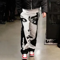 Y2K Fashion Men Vintage USA Street Sports Casual Straight Cargo Pants Mens Gothic Style Human Face Printed Basketball Trousers