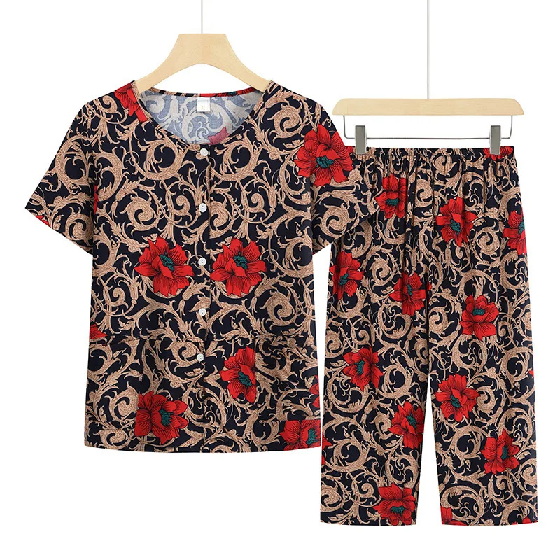 Conjunto floral de pijama feminino, pijama solto, terno de mãe de meia idade, pijama de bolso, roupas femininas de verão, roupa de casa