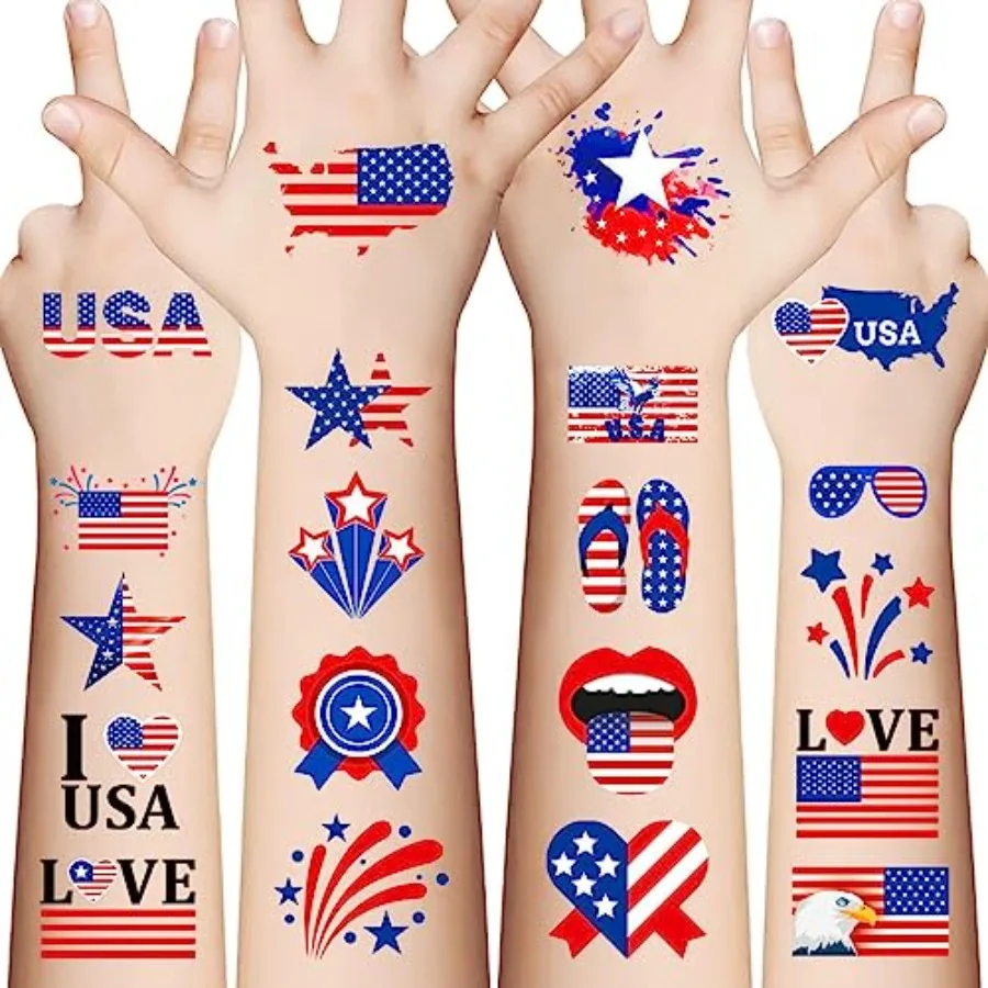 

90Pcs Fourth of July Temporary Tattoos, American Flag Red White and Blue Fake Tattoo Stickers, 4th of July, USA Party Favors, M
