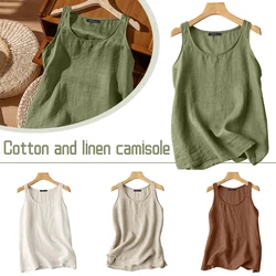 Women Casual Camisole Literary Retro Cotton Linen Vests Summer V Neck Sleeveless Solid Loose Tank Tops S-5XL