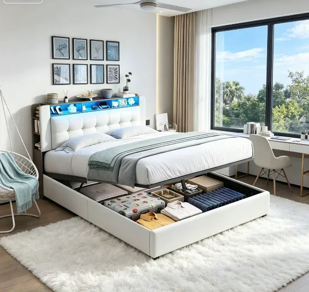 Letto imbottito, 140 x 200 cm, letto matrimoniale con luci a LED, vano contenitore e struttura a doghe, testiera con vano contenitore e funzione di ricarica USB, letto con vano contenitore a