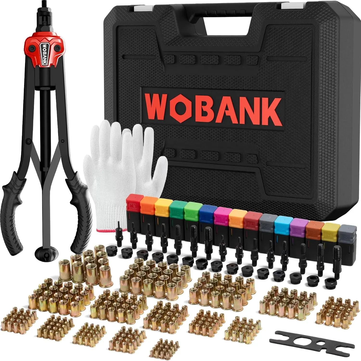 

16" Heavy Duty Rivet Nut Tool Kit with 15 Mandrels & 290 Nuts, Auto Release Design for Automotive, Construction & DIY