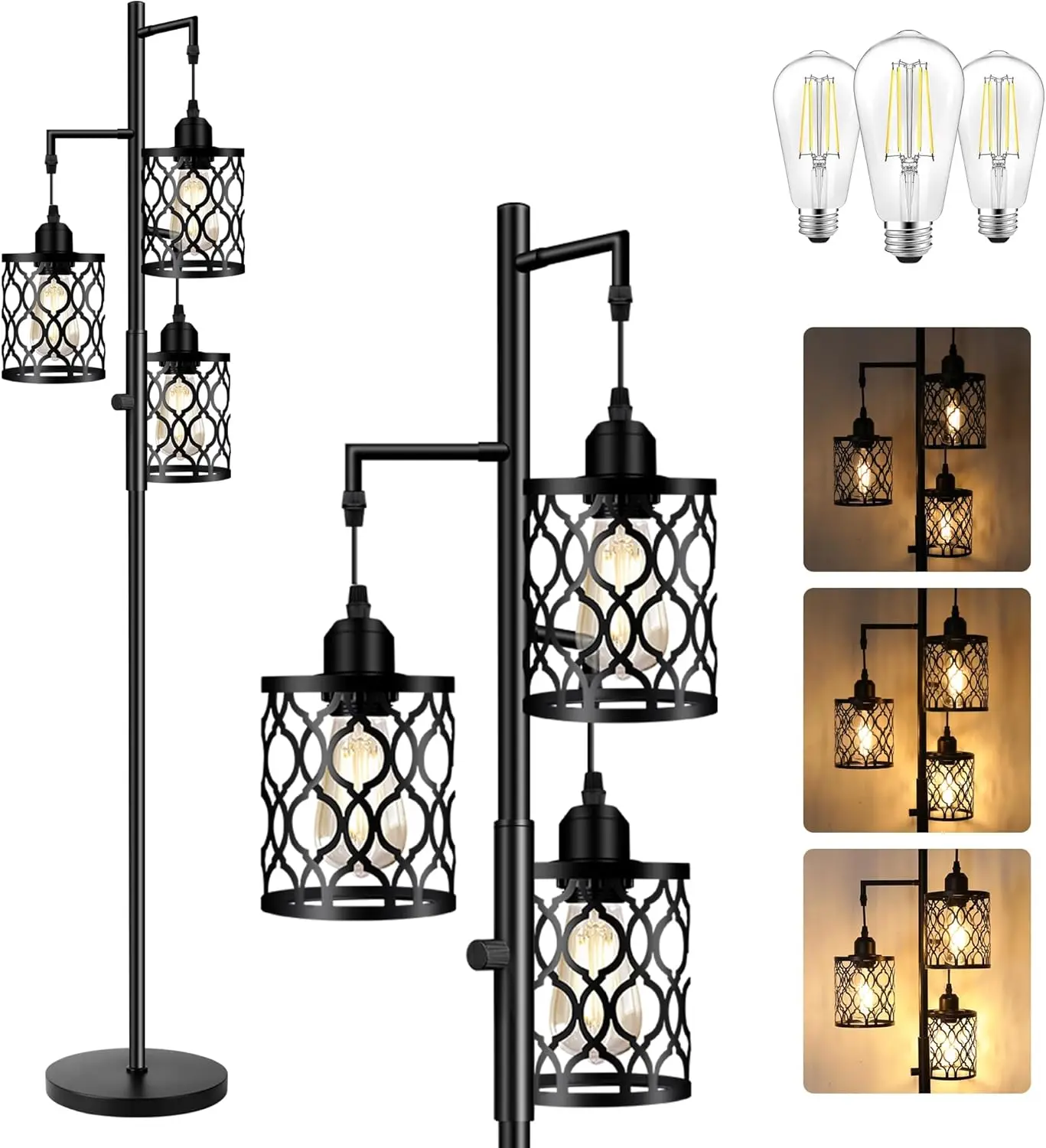 

Dimmable Farmhouse Floor Lamp with 3 LED Bulbs, Industrial Rustic Standing Tall Lamp for Living Room Bedroom Office