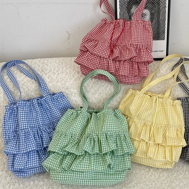 

Cute college style plaid canvas bag women's 2025 new Korean large-capacity lace tote bag