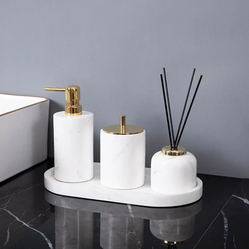 【Natural】Minimalist Volakas White Natural Marble Set for Bathroom Luxury Soap Dispenser Toothbrush Holder Tray Bathroom Set