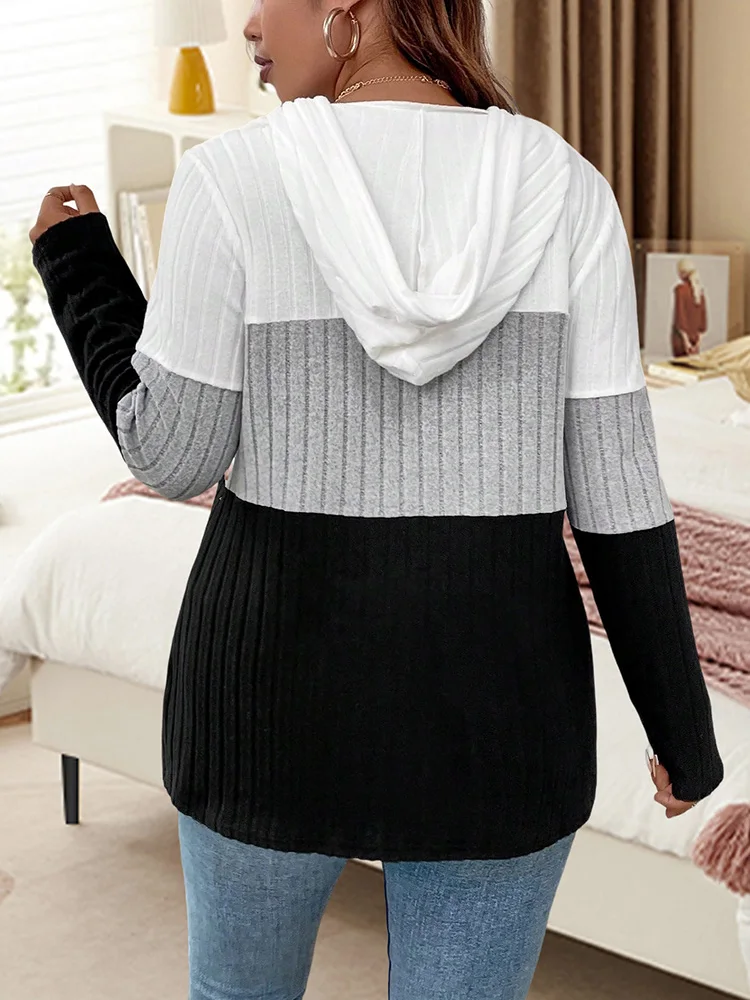 GIBSIE Plus Size Color Block Hooded T-Shirt Women 2024 Autumn and Winter High-elastic Casual Long Sleeve Rib-knit Tee Tops