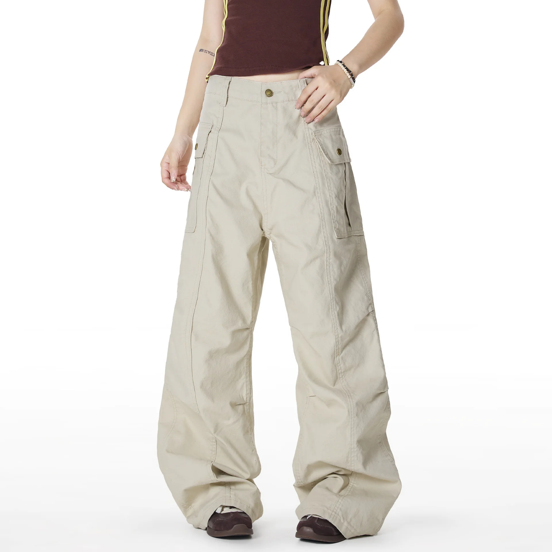 OR FL Baggy Wide Leg Fold 100 Cotton Women Cargo Trousers Cool Staraight Slacks Wear Resistant Y2k Mop The Floor Wide Leg Pants