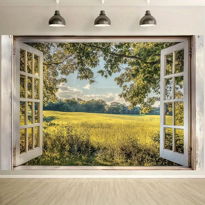 قطعة واحدة من ملصقات الحائط لمشهد النافذة الطبيعية الغامرة - تصميم نافذة مفتوحة واقعي مع الخضرة وأشعة الشمس