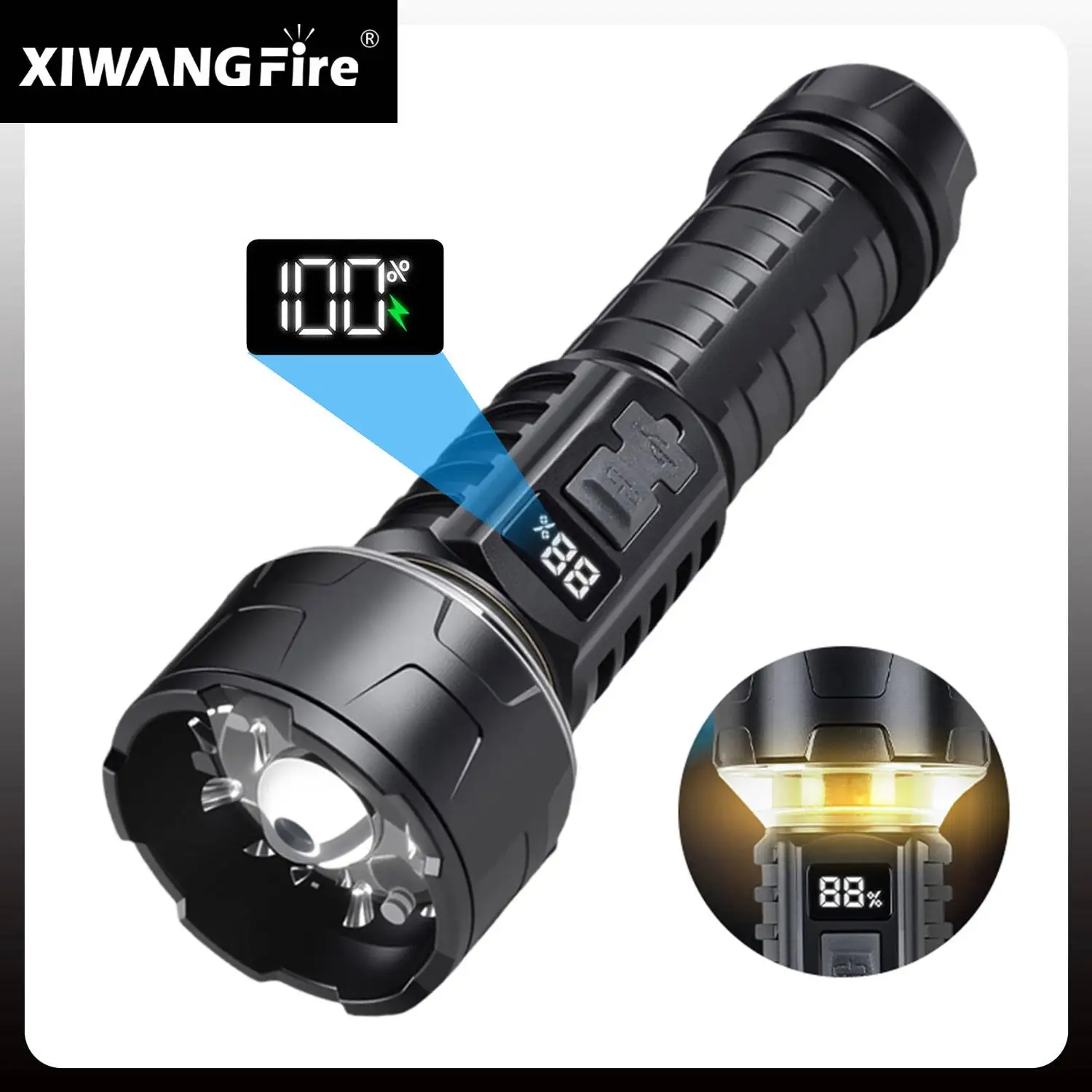 Portable Seven-Core High-Power Bulb + LED Flashlight With Power Display Outdoor Camping Built-in Battery Rechargeable Light
