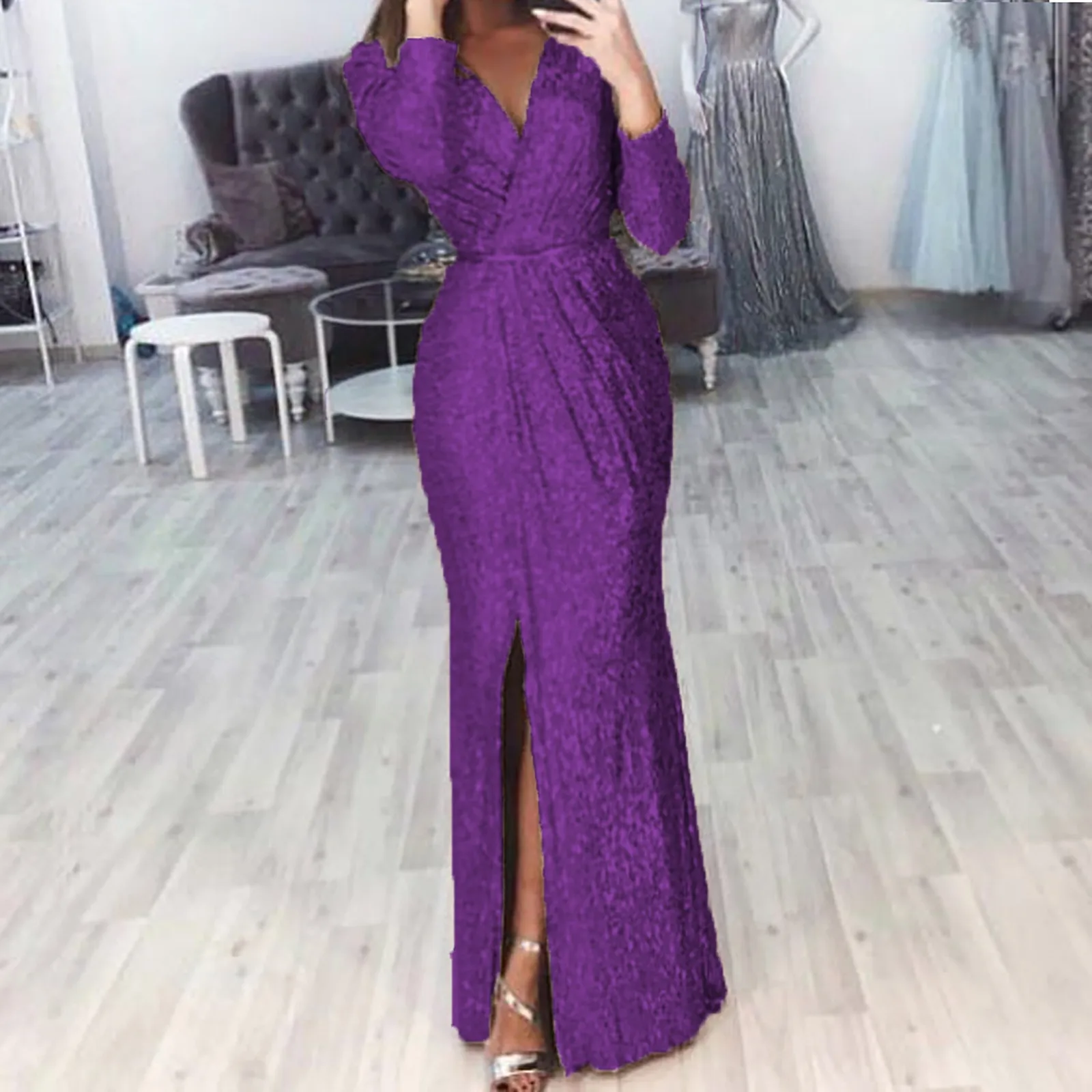 Elegant Women Party Long Dress V Neck Long Sleeve  Autumn Winter Fashion Sequin Waist Sexy High Split Casual Slim Maxi Dresses